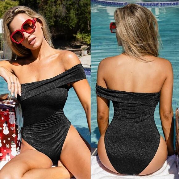 Cupshe Swimsuit Black Lurex Single Strap Bathing Suit Womens Medium Metallic Bla - Picture 1 of 7